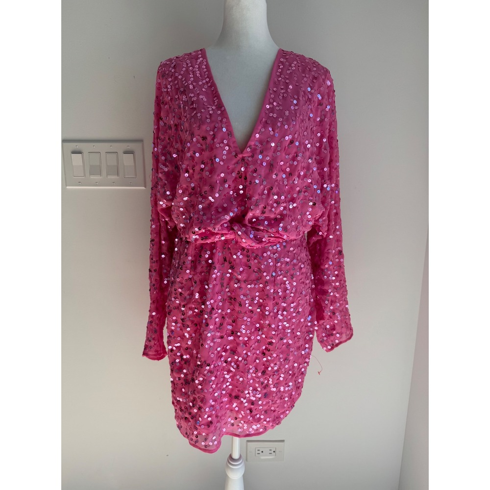 ASOS DESIGN Pink Sequin Twist Front Long Sleeve Mini Dress US 12 NEW